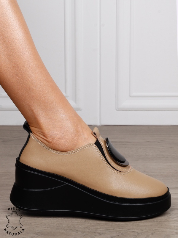 PANTOFI CASUAL DAMA Piele Naturala Slip-on cu deatliu in fata CRL1443 KHAKI - Img 2