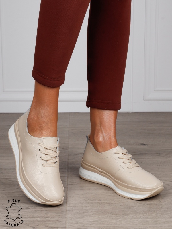 PANTOFI CASUAL Dama Piele Naturala USOR INALTA CRL1051 Culoare: BEJ - Img 2