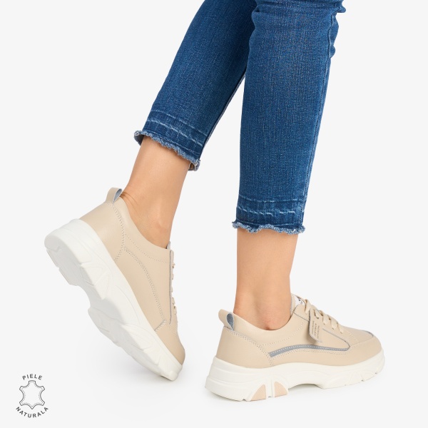 Pantofi Casual de dama din Piele Naturala COMODE CU MODEL CRL1218 BEJ - Img 3