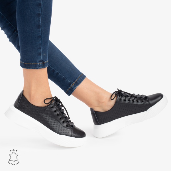 Pantofi Casual de dama din Piele Naturala CRL0572 Alb cu Negru - Img 2