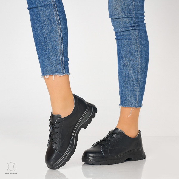 Pantofi casual de dama din piele naturala cu talpa aderenta CRL0010 Negru - Img 2