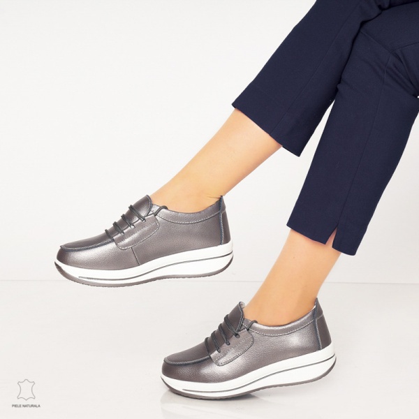 Pantofi casual de dama din piele naturala cu talpa groasa CRL0005 Pewter - Img 3