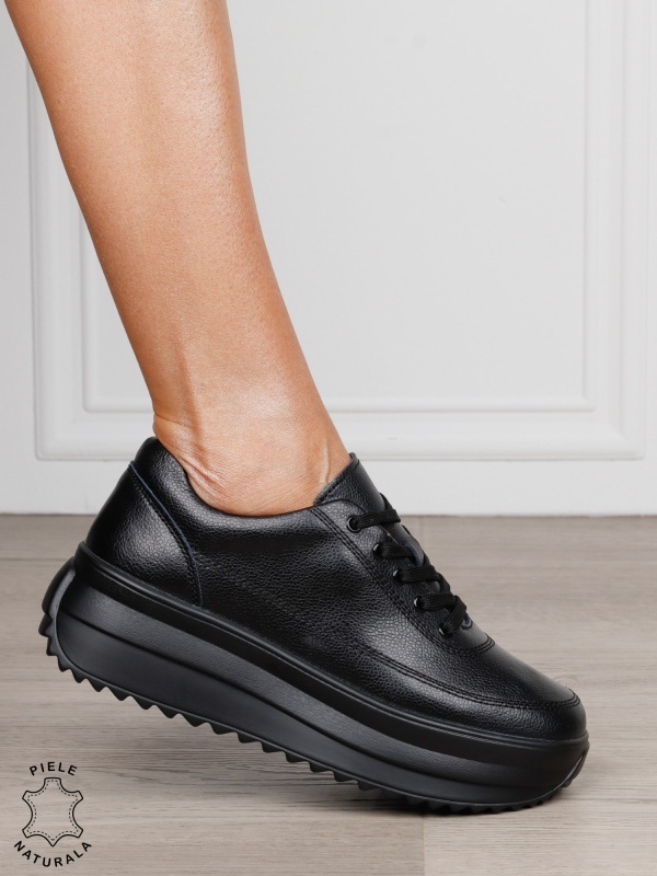 Pantofi Casual de dama din Piele Naturala cu talpa Inalta CRL1201 NEGRU - Img 2