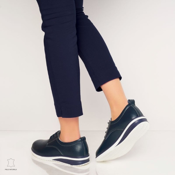 Pantofi casual de dama din piele naturala cu talpa plata CRL0011 BLEUMARIN - Img 3
