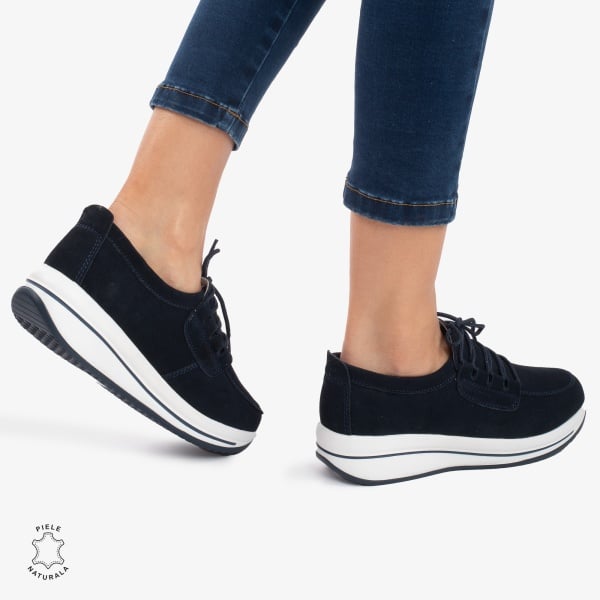 Pantofi casual de dama din piele naturala Intoarsa cu talpa groasa CRL0005 Bleumarin - Img 3