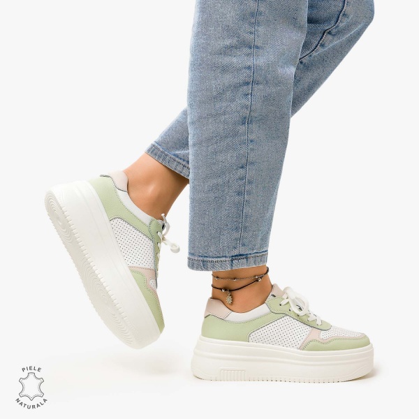 Pantofi Casual de dama din Piele Naturala Multicolor CRL1096 ALB CU Verde - Img 3