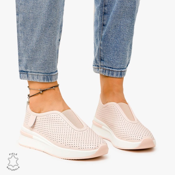 Pantofi Casual de dama din Piele Naturala PERFORATA CU ELASTIC CRL1200 ROZ - Img 2