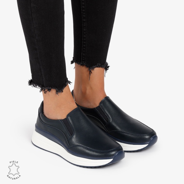 Pantofi Casual de dama din Piele Naturala Slip-On CRL1204 NAVY - Img 2