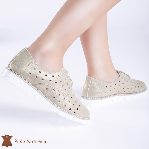 Pantofi Casual de dama perforati din Piele Naturala cu talpa joasa CRL0166 AURIU - Img 2