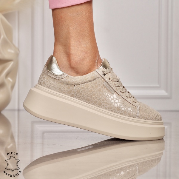 Pantofi CASUAL PIELE NATURALA CU SIRET CRL1450 BEJ - Img 3