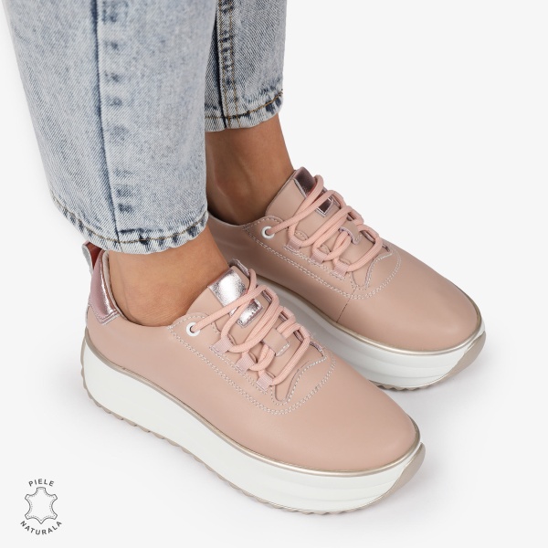 Pantofi CASUAL PIELE NATURALA cu TALPA INALTA CRL1291 ROZ - Img 4