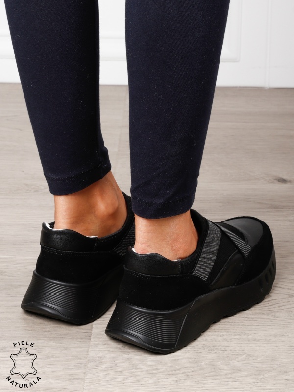 Pantofi dama din Piele Naturala slip-on cu elastic CRL1545 NEGRU - Img 3