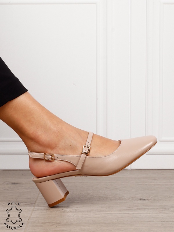 Pantofi dama eleganti cu toc gros si inchidere dubla CRL1608 BEJ - Img 2