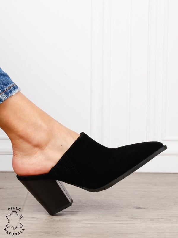Pantofi dama eleganti cu toc gros si varf ascutit din piele naturala intoarsa CRL1609 Negru - Img 2