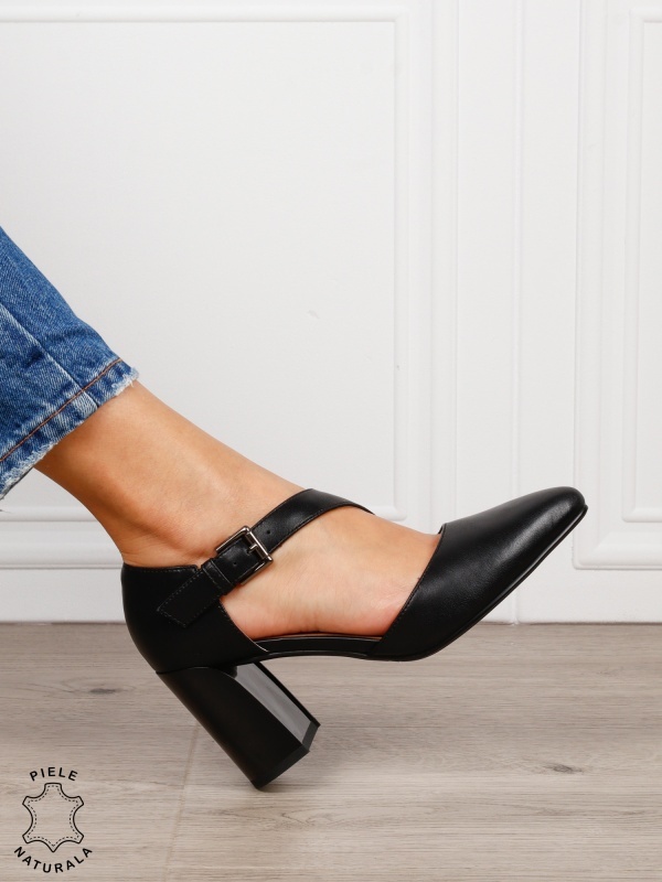 Pantofi dama eleganti din piele naturala cu bareta si toc gros CRL1634 Negru - Img 2