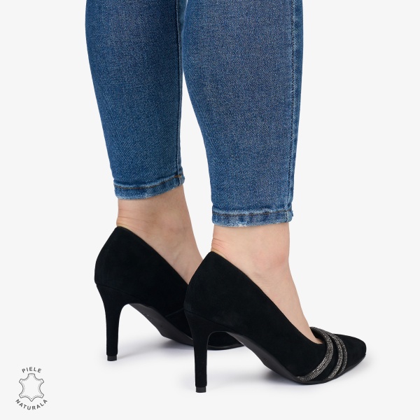 Pantofi Eleganți dama din Piele Naturala INTOARSA cu strasuri si toc subtire CRL0983 NEGRU - Img 3