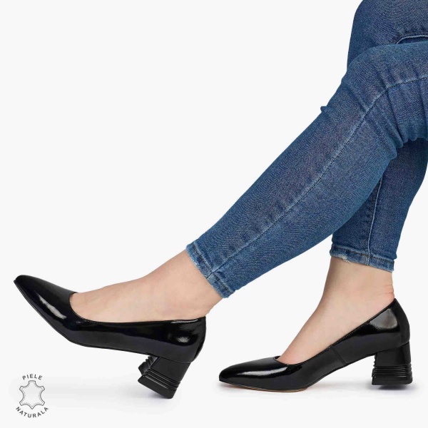 Pantofi Eleganți dama din Piele Naturala LACUITA CU TOC MIC CRL0982 NEGRU - Img 2