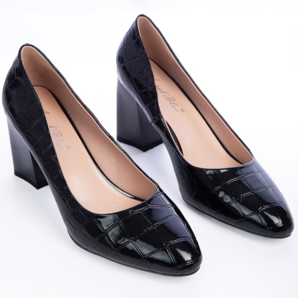 Pantofi Eleganti din Piele Ecologica cu model si toc Gros CRL0725 Negru - Img 3