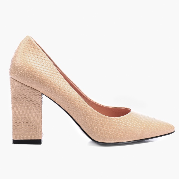 Pantofi Eleganti din Piele Ecologica cu model si toc Gros CRL0726 bej - Img 2