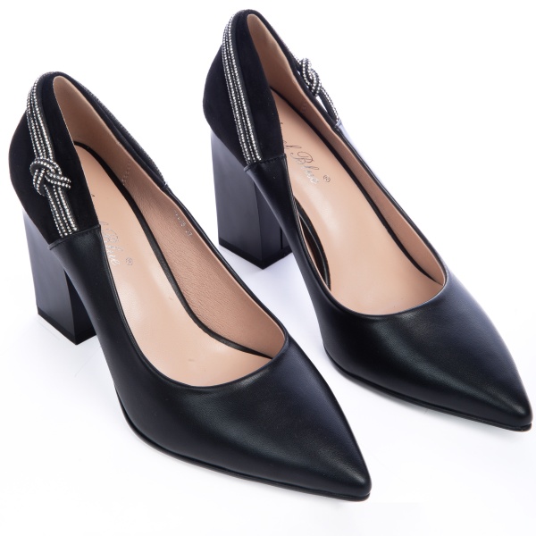 Pantofi Eleganti din Piele Ecologica cu toc Gros CRL0730 negru - Img 2
