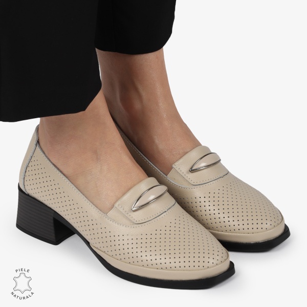 PANTOFI ELEGANTI DIN PIELE NATURALA CU TOC MIC CRL01383 BEJ - Img 3