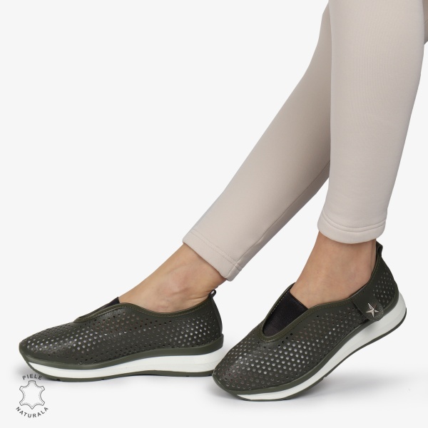 Pantofi Perforati Dama Piele naturală CRL0098 VERDE INCHIS - Img 4