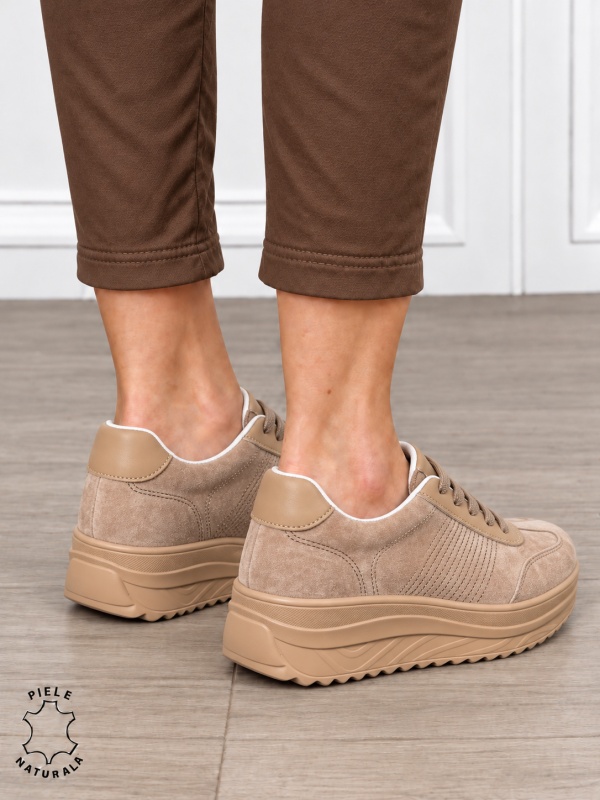 Pantofi sport damă din piele naturală întoarsă cu design casual CRL1894 KHAKI - Img 3
