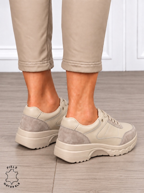 Pantofi sport damă din piele naturală și piele întoarsă cu design modern CRL1896 BEJ - Img 3