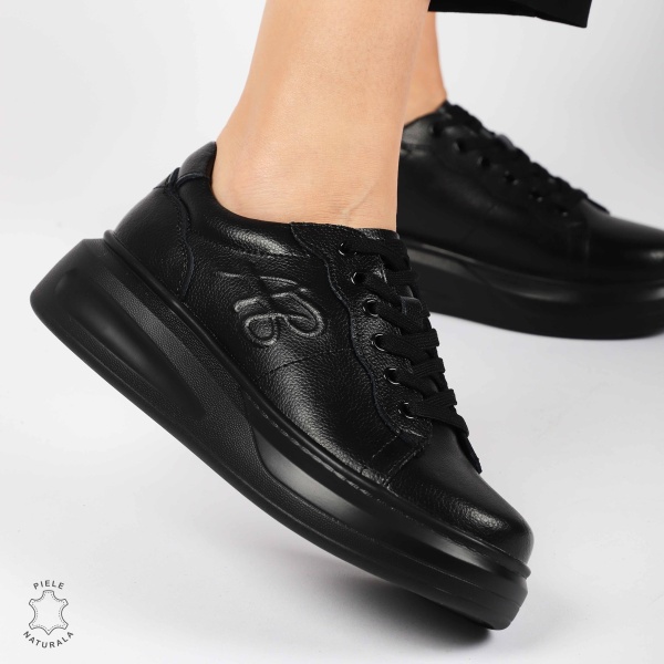 Pantofii casual piele naturala CU SIRET SI MODEL LATERAL CRL1440 NEGRU - Img 3