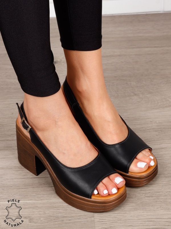 Sandale dama din Piele Naturala model clasic cu toc gros si inalt CRL1641 NEGRU - Img 2