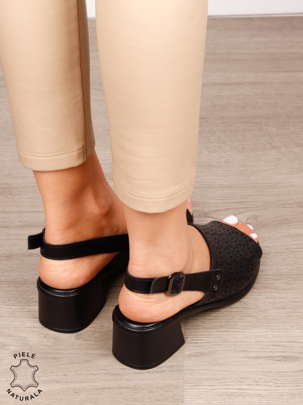 Sandale damă din piele naturală model elegant cu toc și design perforat CRL1660 NEGRU - Img 3