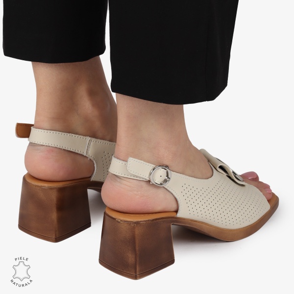 SANDALE dama din Piele Naturala PERFORATA CU TOC PATRAT SI CATARAMA CRL1370 BEJ - Img 3
