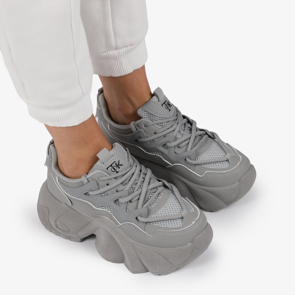 SNEAKERS din PIELE ECOLOGICA SI TEXTIL CU SIRETURI DUBLE SI TALPA INALTA CRL1287 GRI - Img 3