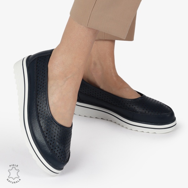 Balerini dama din Piele Naturala cu talpa groasa CRL0172 BLEUMARIN - Img 3