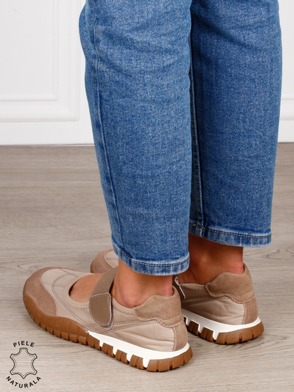 Balerini damă din piele naturală întoarsă și material textil, cu branț din piele naturală CRL1562 khaki - Img 3