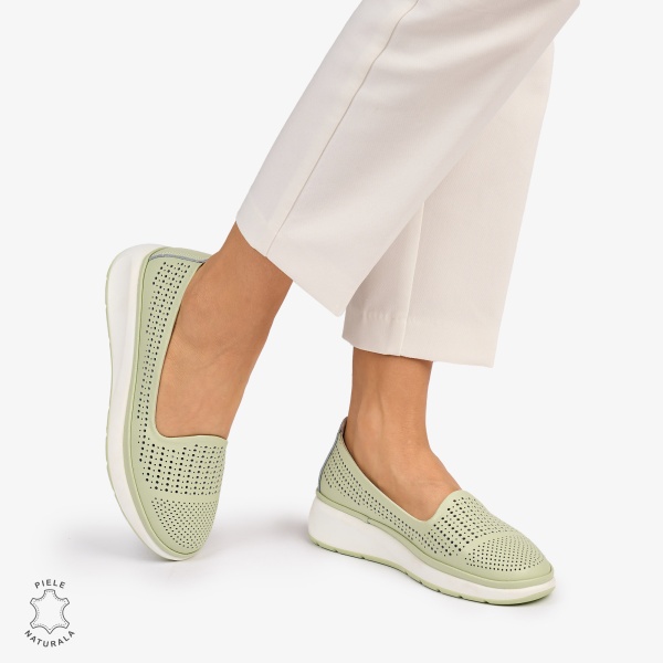 Balerini dama din Piele Naturala Perforata CRL1075 CULOARE: Verde - Img 3