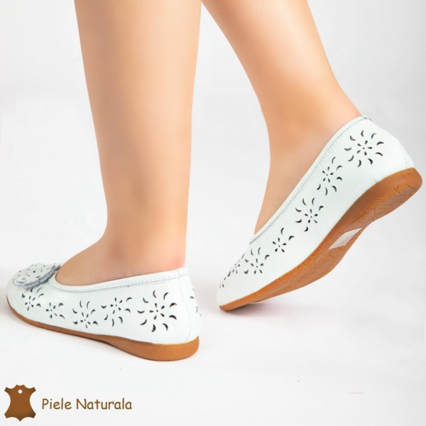 Balerini DAMA perforați CU FLOARE DECORATIVA LATERALA din piele naturala CRL0181 CULOARE: ALB - Img 2