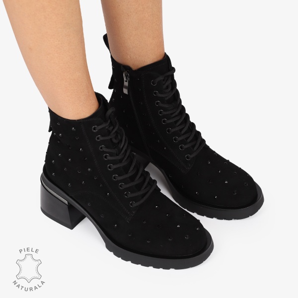 Botine Piele Naturala Intoarsa cu Stras si toc Gros CRL1245 NEGRU - Img 4