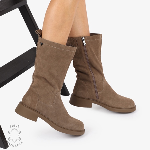 Cizme Damă din Piele Naturală Intoarsa Inalte cu inchidere fermoar CRL1252 Khaki - Img 3