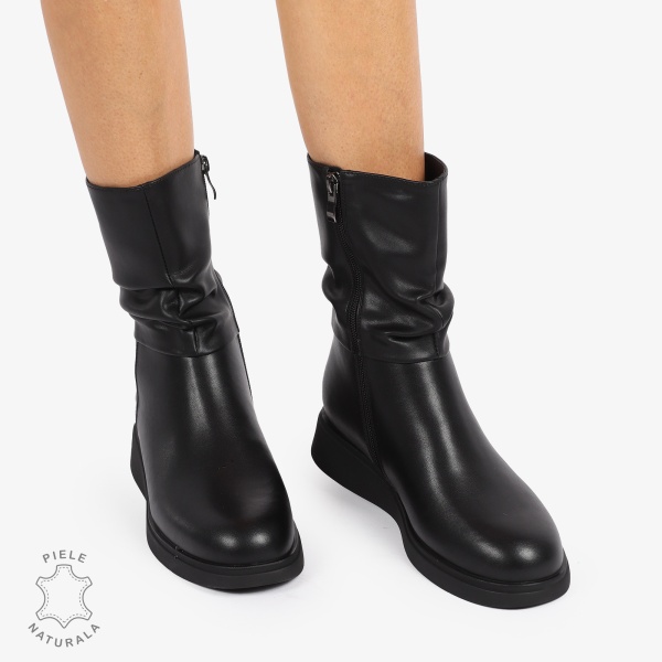Cizme dama piele naturala scurte cu talpa plata si Detaliu Lateral CRL1256 NEGRU - Img 2