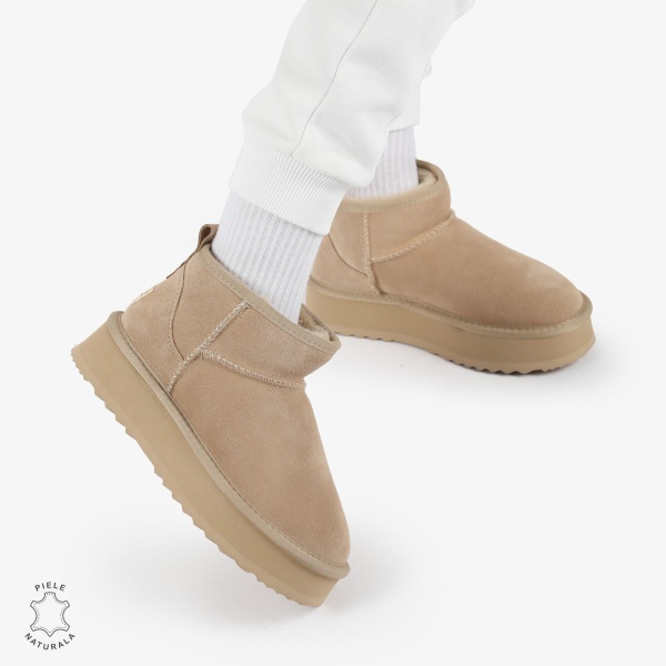 CIZME TIP UG DAMA SCURTE din PIELE NATURALA INTOARSA CRL1267 CULOARE: BEJ - Img 2