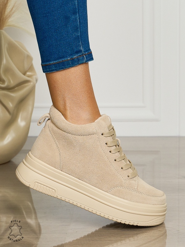 Ghete casual din piele naturală cu talpa solida CRL1510 BEJ - Img 3