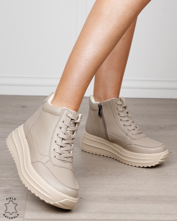 Ghete damă din piele naturală cu șiret și fermoar lateral CRL1891 KHAKI - Img 2