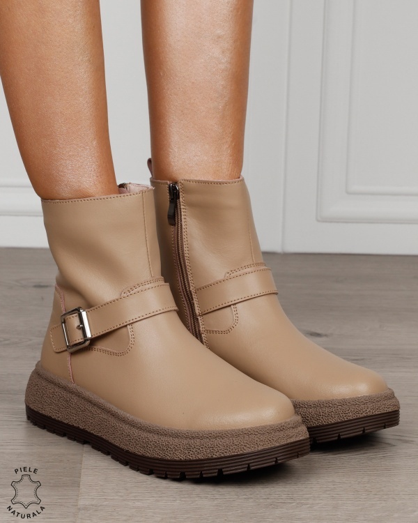 Ghete damă din piele naturală cu talpă înaltă și cataramă CRL1890 KHAKI - Img 2