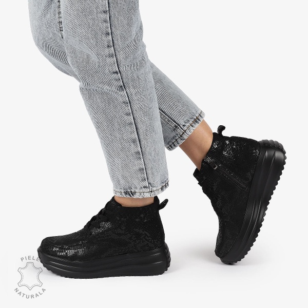 GHETE DAMA piele naturala INTOARSA cu IMPRIMEU SARPE CRL1309 Negru - Img 3