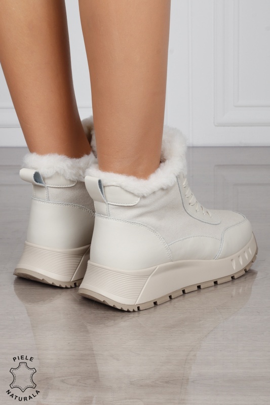 GHETE DAMA scurte din PIELE Naturala Combinata cu Piele intoarsa CRL1528 Bej - Img 3
