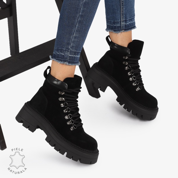 Ghete PIELE Naturala INTOARSA Intoarsa Tip Combat Boot CRL1240 Negru - Img 2