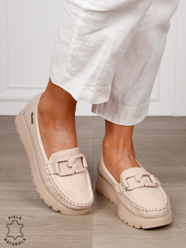 MOCASINI damă din piele naturală cu talpa inalta si catarama CRL1581 KHAKI - Img 2