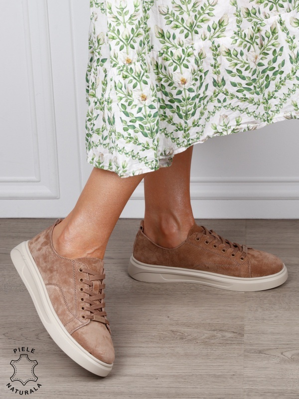 Pantofi casual damă din piele întoarsă naturală cu detaliu decorativ frontal CRL1821 KHAKI - Img 2