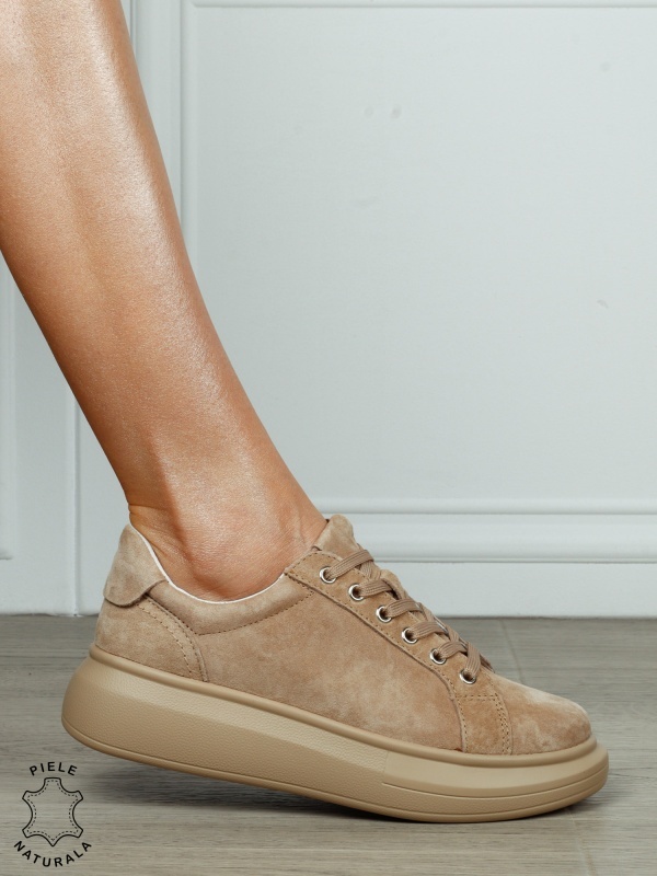 Pantofi Casual Damă din Piele Întoarsă Naturală cu Șiret CRL1802 KHAKI SUEDE - Img 3